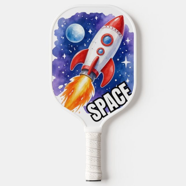 Space Rocket Adventure – Watercolor Rocket Pickleball Paddle (Front)