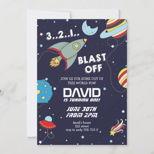 Space Rocket Galaxy Blast Off Boy Birthday Invitation (Front)