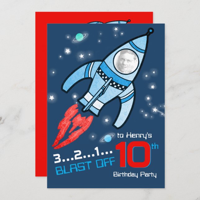 Space rocket kids 10th birthday blue  invitation (Front/Back)