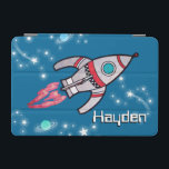 Space rocket name kids blue ipad cover<br><div class="desc">Blue space rocket / spaceship style kids ipad case cover. Customise with your own  name. Case currently reads: Hayden. A perfect gift for a vibrant space fan or for a child who likes transport to help protect the ipad screen. Uniquely designed by Sarah Trett.</div>