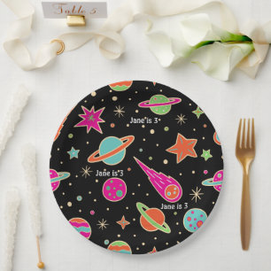 Space Rocket Pattern Name Birthday Party Paper Plate