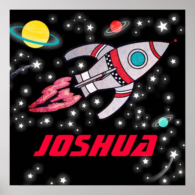 Space rocket personalised boys black red poster (Front)