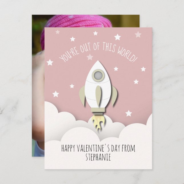 Space Rocket Pink Classroom Valentine Photo Postcard (Front/Back)