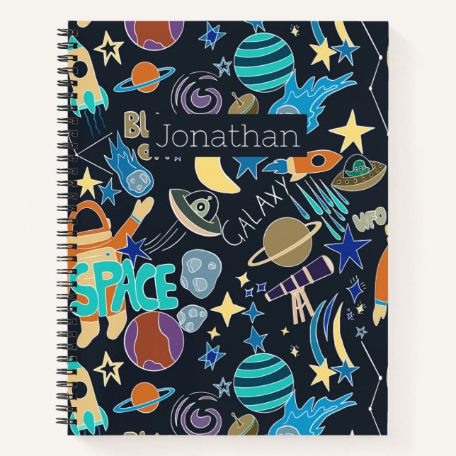 Space Rocket Planets Stars Doodles Personalised  Notebook (Front)