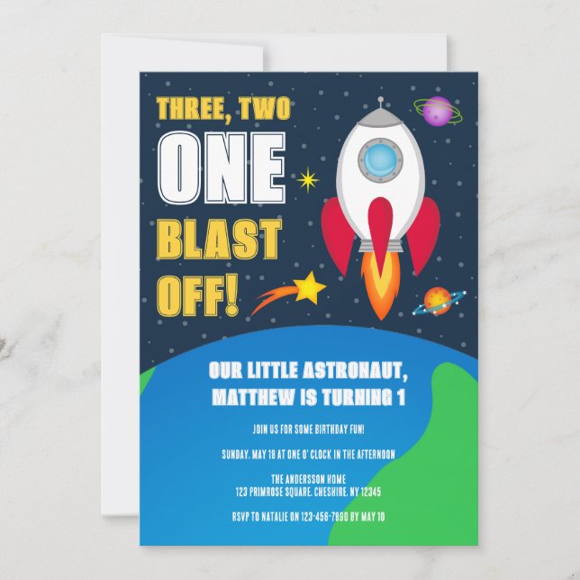 Space Rocket Ship 1st Birthday Party Invitation (Front)