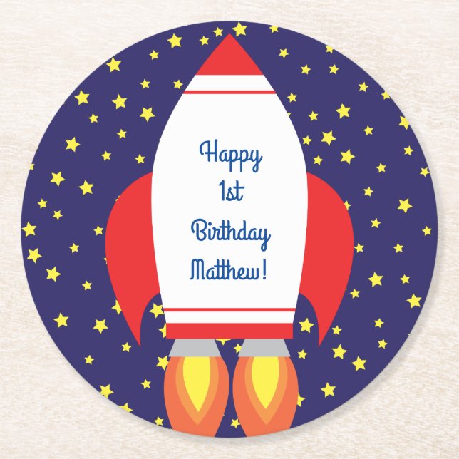 Space Rocket Ship Birthday Party Round Paper Coaster (Front)