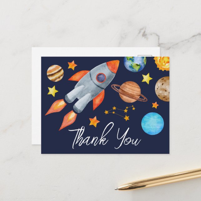 Space Rocket Ship Birthday Thank You Postcard (Front/Back In Situ)