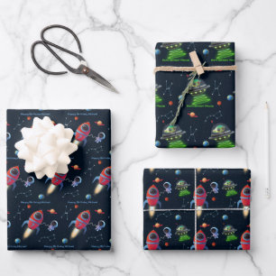 Space Rocket Ship   UFO Alien Astronaut Birthday Wrapping Paper Sheet