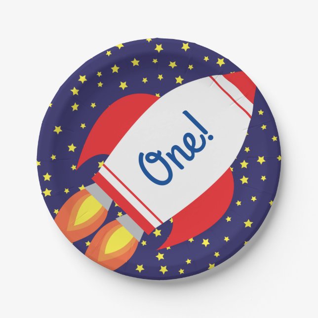 Space Rocket Star Ship 1st Birthday Plates (Front)