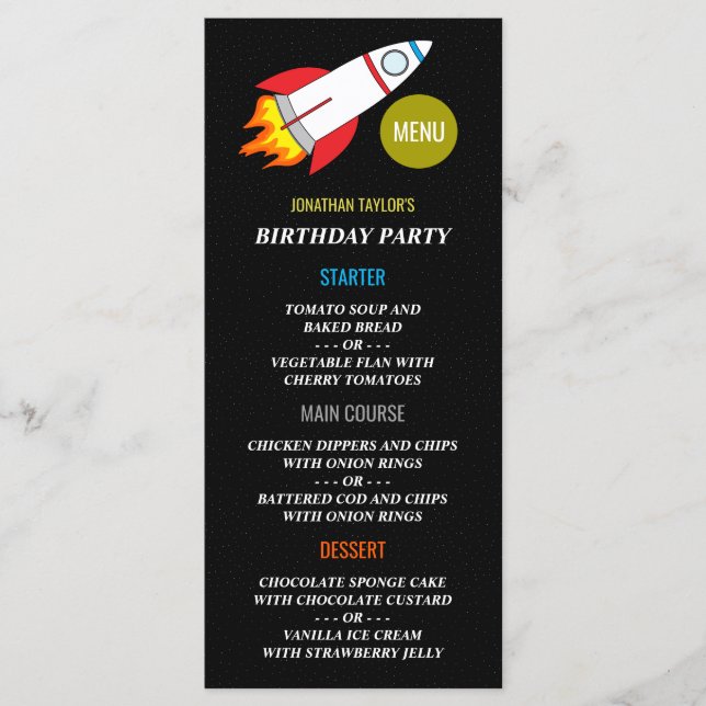 Space Rocket to the Moon Children's Birthday Menu (Front)