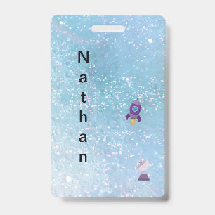Space Rocket to the Moon with Satellite Name ID Badge