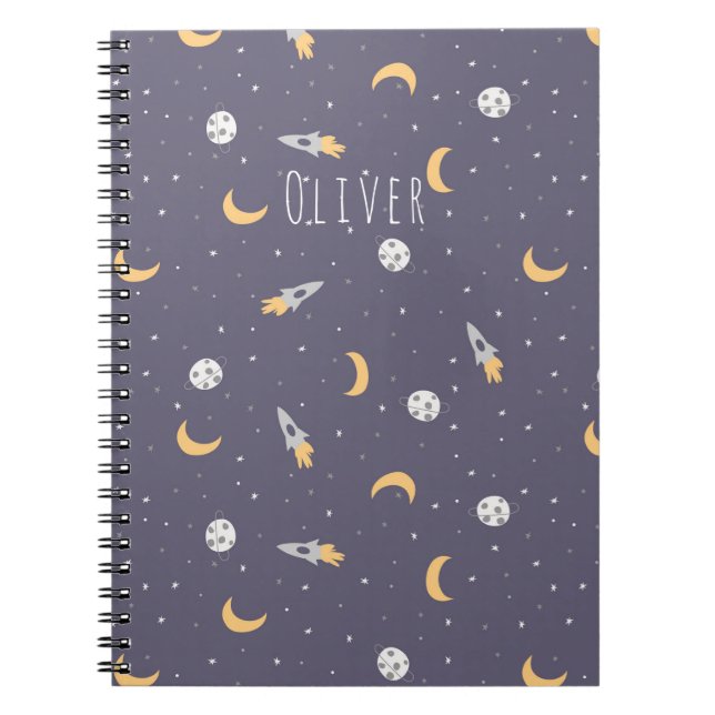 Space Rockets Moons  & Custom Name on Deep Purple Notebook (Front)