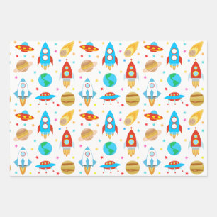 Space Rockets Stars Comets Planets Wrapping Paper Sheet