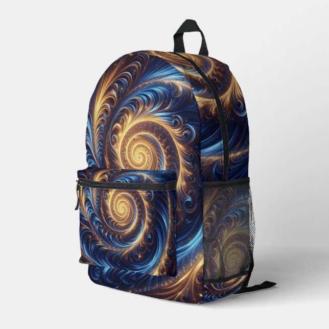 Space Royal Blue and Gold Swirls  Printed Backpack (Back Corner Right)
