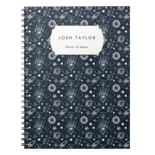 Space Science Stars Planets Rocket Custom Name Notebook (Front)