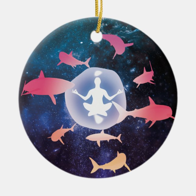 Space Sharks and Meditation Art Ceramic Tree Decoration (Front)