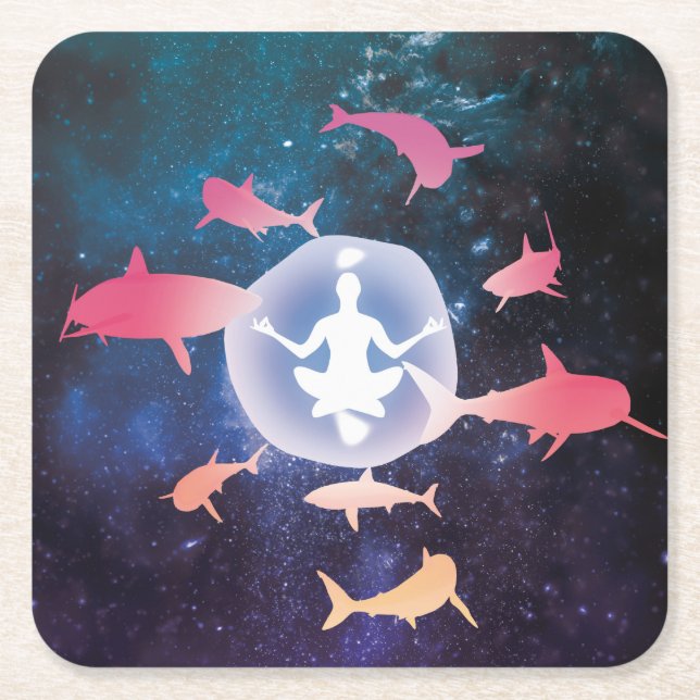 Space Sharks and Meditation Art Square Paper Coaster (Front)