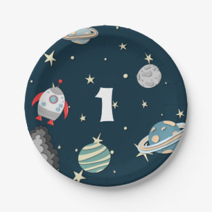 Space Ship and Planets First Birthday Galaxy Paper Plate