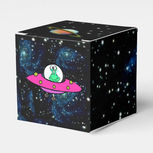 Space Ship, Planets, & Alien On Funny Favour Box (Front Side)