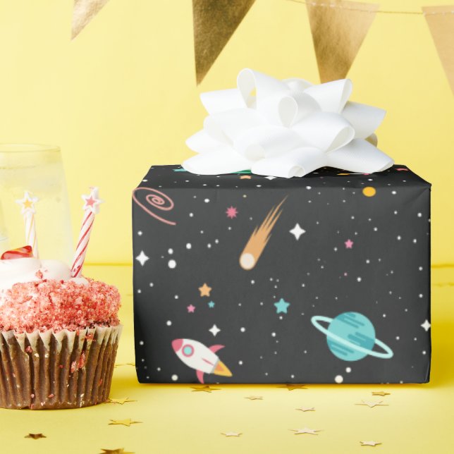 Space Ships and Planets on Black  Wrapping Paper (Birthday Party)