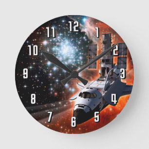 Space Shuttle Atlantis Hubble Telescope Artwork Round Clock
