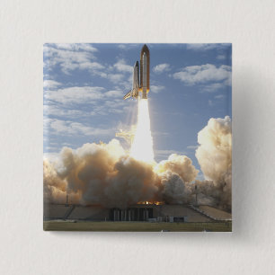 Space Shuttle Atlantis lifts off 10 15 Cm Square Badge