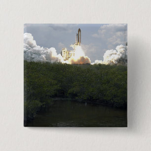 Space Shuttle Atlantis lifts off 13 15 Cm Square Badge