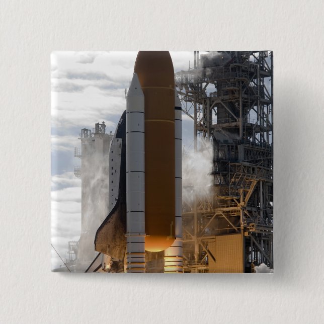 Space Shuttle Atlantis lifts off 15 Cm Square Badge (Front)