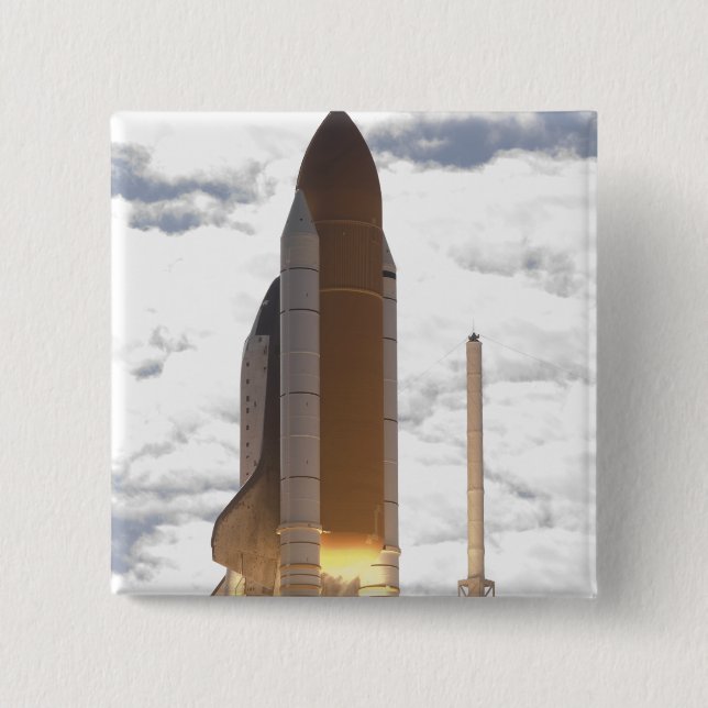 Space Shuttle Atlantis lifts off 16 15 Cm Square Badge (Front)