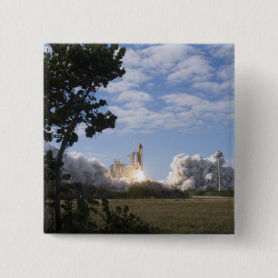 Space Shuttle Atlantis lifts off 18 15 Cm Square Badge
