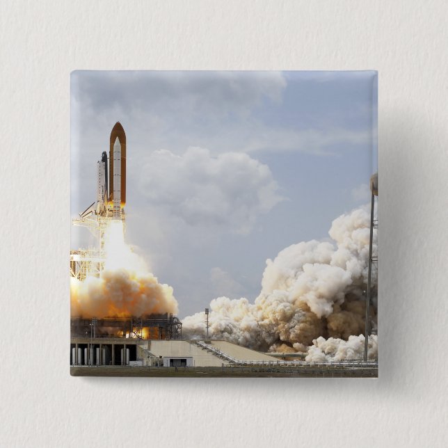 Space Shuttle Atlantis lifts off 21 15 Cm Square Badge (Front)