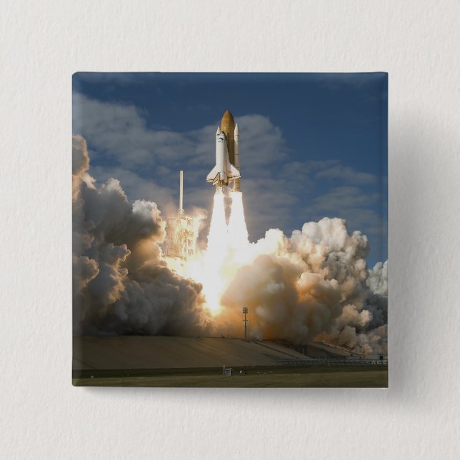 Space Shuttle Atlantis lifts off 24 15 Cm Square Badge (Front)