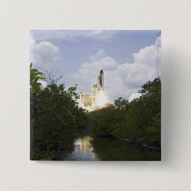 Space Shuttle Atlantis lifts off 25 15 Cm Square Badge (Front)