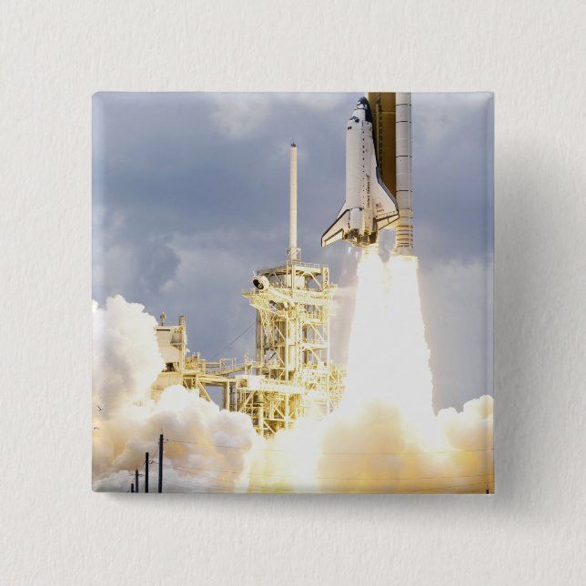 Space Shuttle Atlantis lifts off 2 15 Cm Square Badge (Front)
