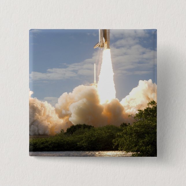 Space Shuttle Atlantis lifts off 8 15 Cm Square Badge (Front)