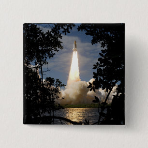 Space Shuttle Atlantis lifts off 9 15 Cm Square Badge