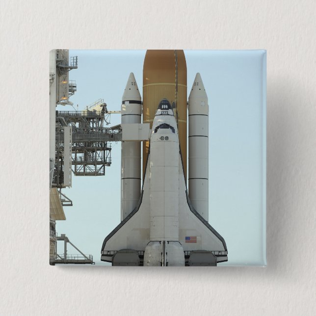 Space shuttle Atlantis sits on the launch pad 15 Cm Square Badge (Front)