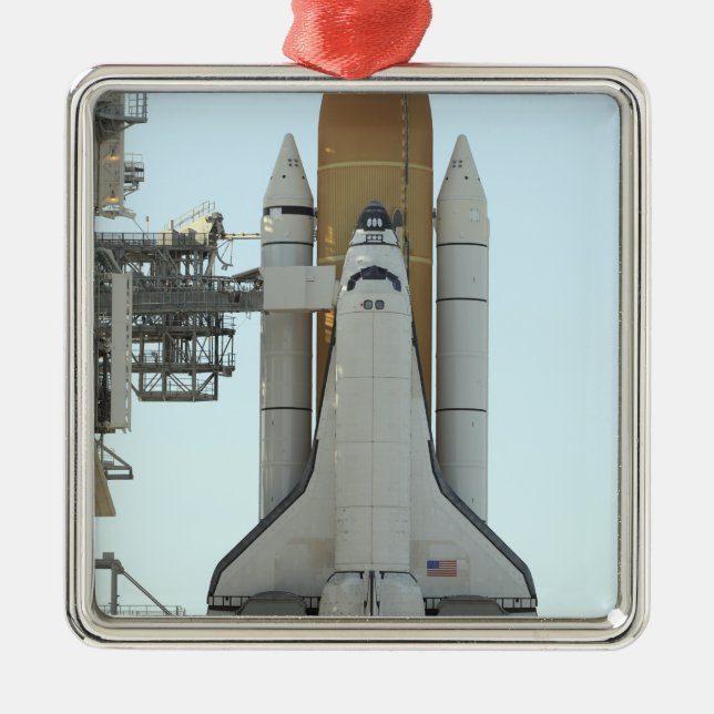 Space shuttle Atlantis sits on the launch pad Metal Tree Decoration (Front)