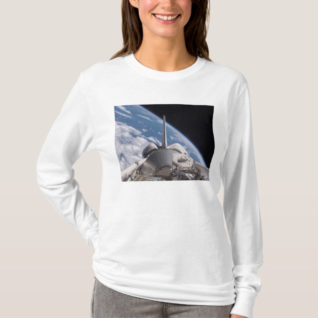 Space Shuttle Discovery backdropped by Earth T-Shirt (Front)