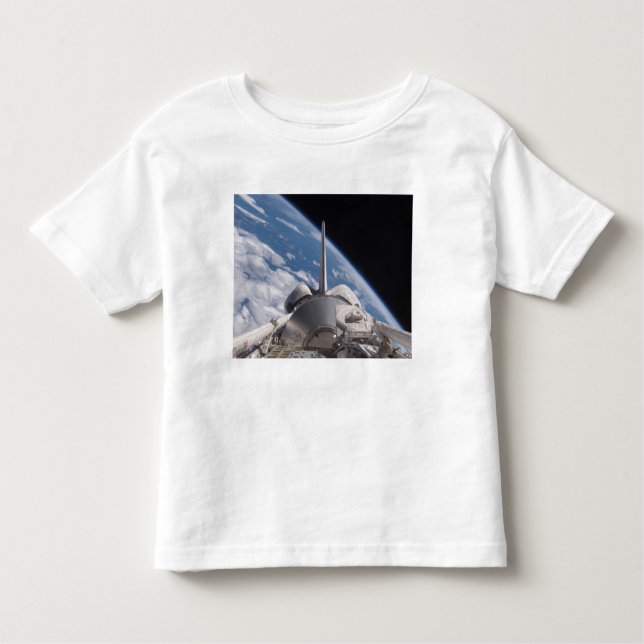 Space Shuttle Discovery backdropped by Earth Toddler T-Shirt (Front)