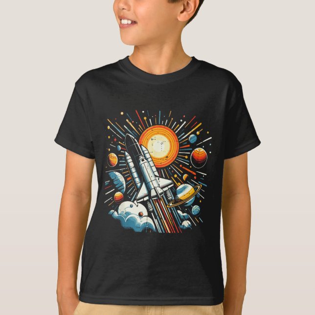 Space Shuttle Sun Planets Rocket Galaxy Boys Kids  T-Shirt (Front)