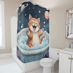 Space Spa Cat – Cosmic Bubble Bath Fun Shower Curtain