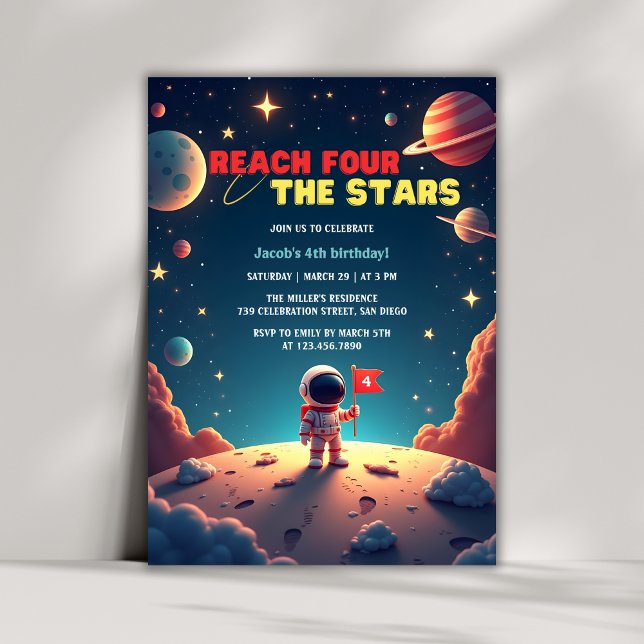 Space Stars Astronaut Boy 4th Birthday Invitation (Reach Four The Stars Astronaut Boy 4th Birthday Invitation)