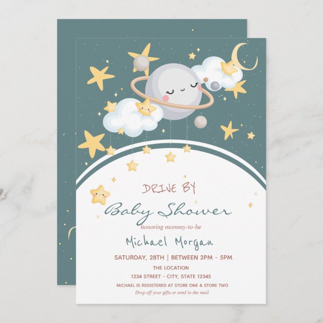  Space Stars Clouds Planet Drive By Baby Shower   Invitation (Front/Back)