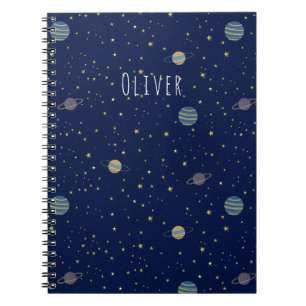 Space Stars Planets & Custom Name on Deep Blue Notebook