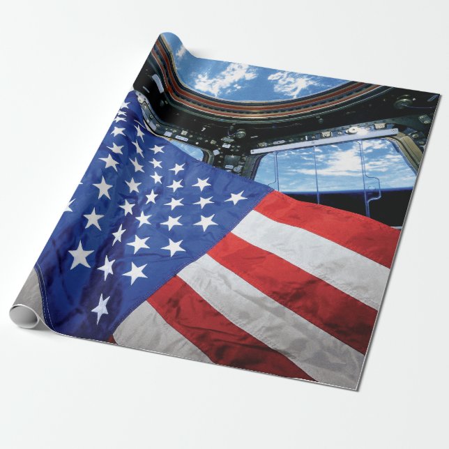 Space Station American Flag Earth Orbit Wrapping Paper (Unrolled)