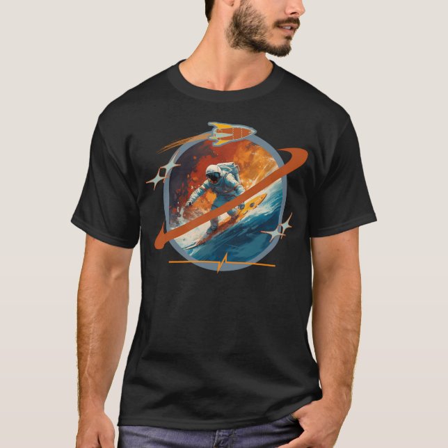 Space Surf Explorer Colourful Wave Surfing Astrona T-Shirt (Front)