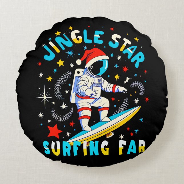 Space Surf with Santa in Cosmic Adventure Design Round Cushion (Front)