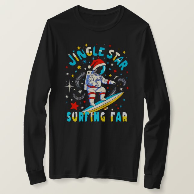Space Surf with Santa in Cosmic Adventure Design T-Shirt (Design Front)