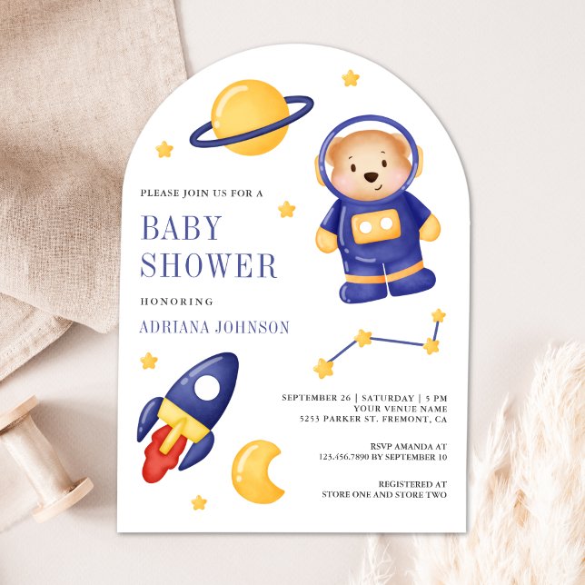 Space Teddy Bear Astronaut Arch Baby Shower Invitation (Creator Uploaded)